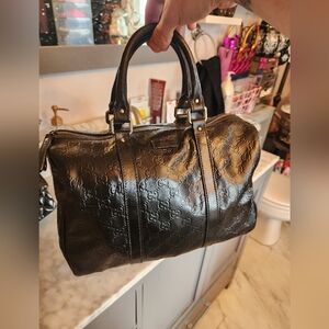 Gucci Embossed Black Leather Boston Bag